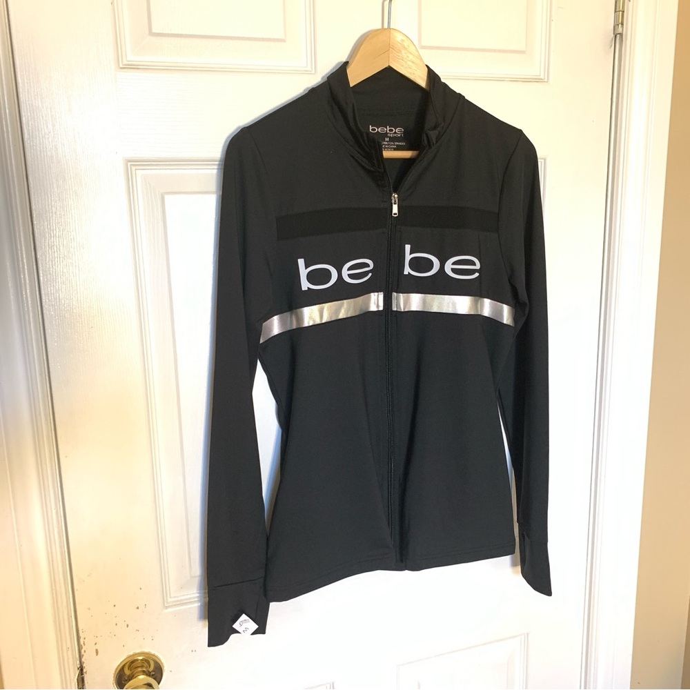 Bebe Sport Black Full Zip Athletic Jacket Silver Logo Thumb Holes Medium